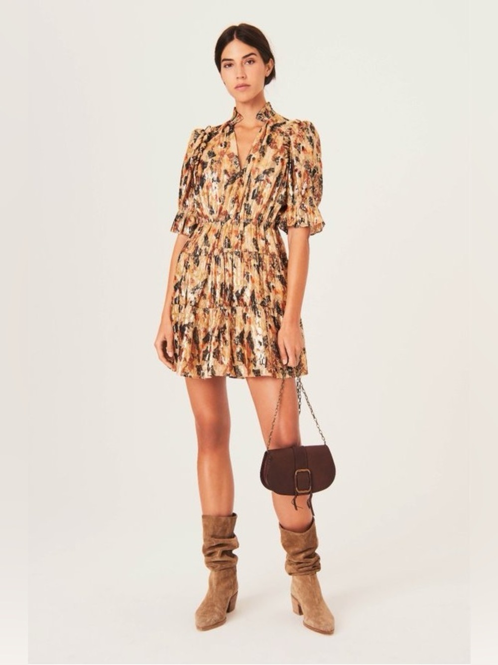BA&SH Gloria Metallic Silk Mini Dress Ochre Gold Ruffle Party Dress M NWT